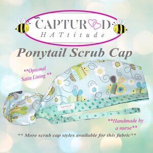 New Womens Ponytail Scrub Cap Baby Bees, Handmade